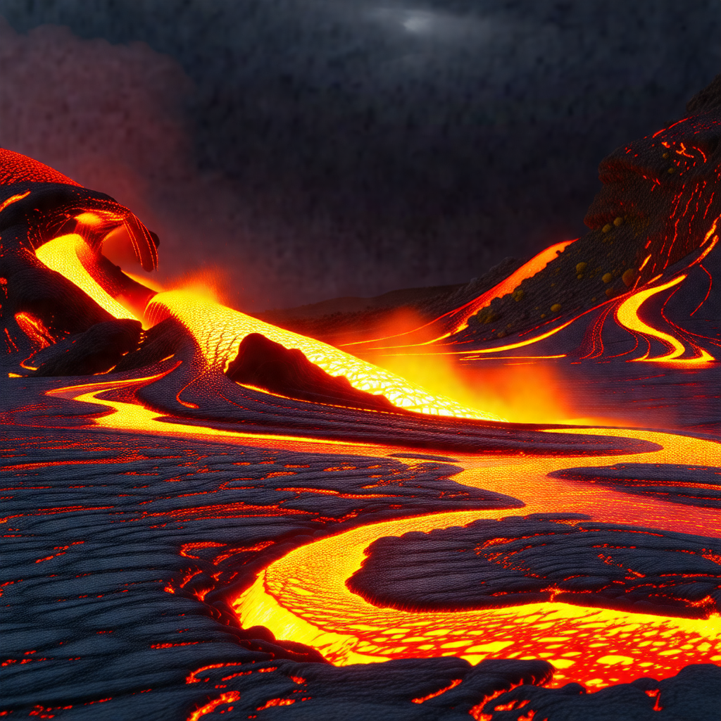 Red, flowing lava field with a mountainous landscape in t...