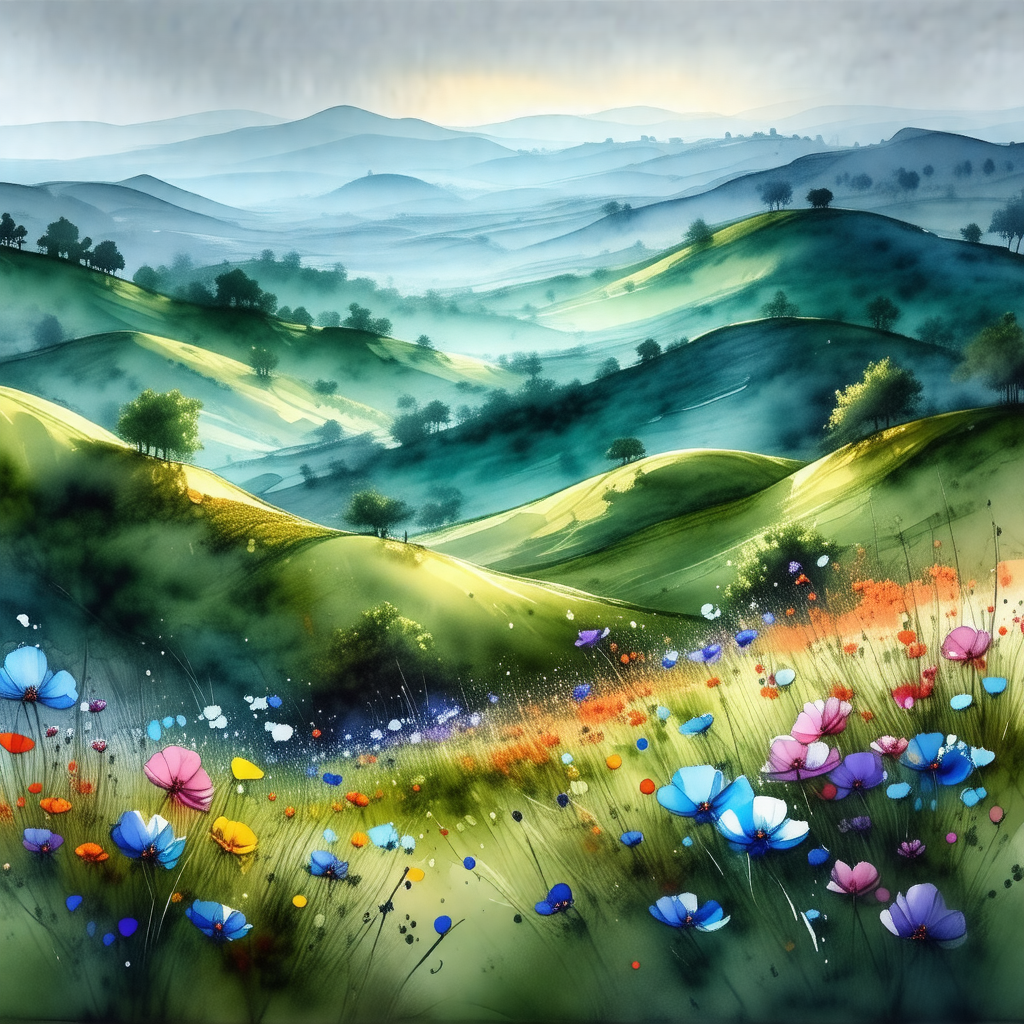 Painting of a beautiful mountain landscape with a lush gr...