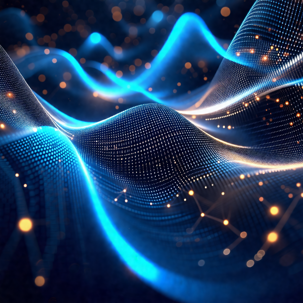 Blue and white wave pattern, which appears to be a comput...