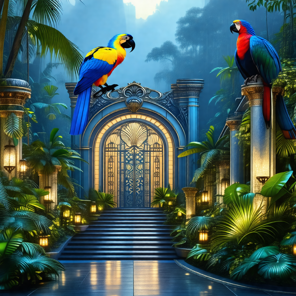 Digital painting of a tropical forest with two parrots pe...