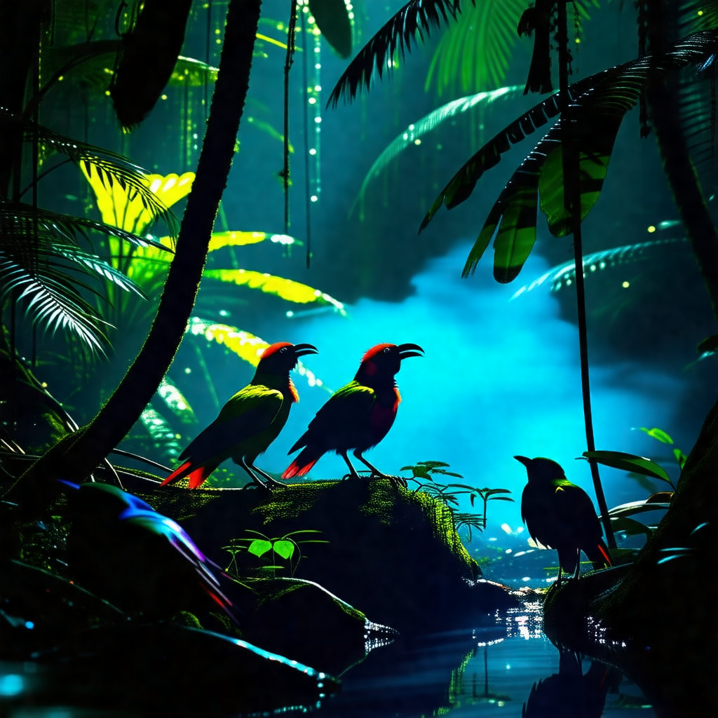 Group of three birds perched on a rock in a jungle setting