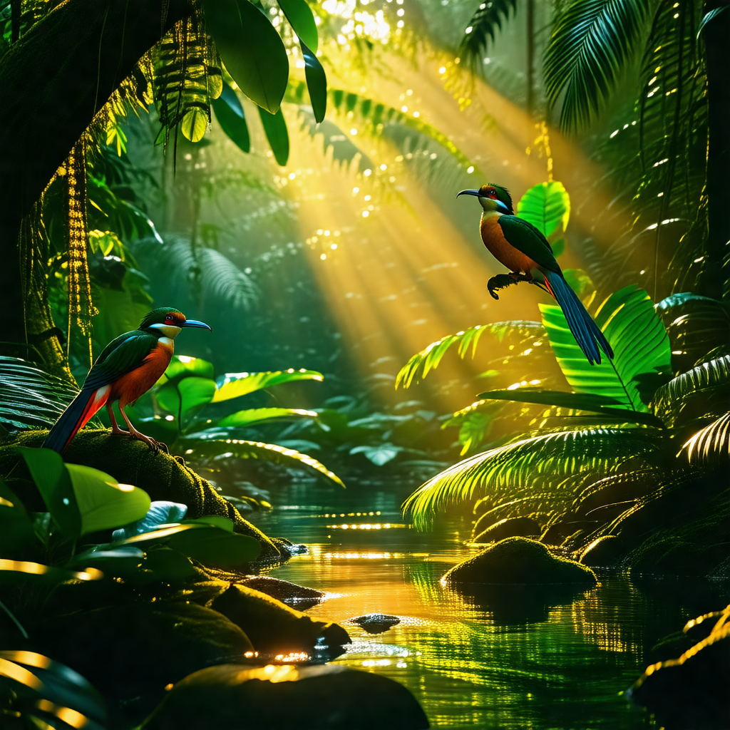 Lush green forest with two birds perched on rocks near a ...