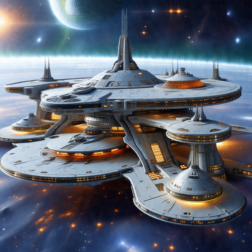 Futuristic space station with a large, round, white struc...