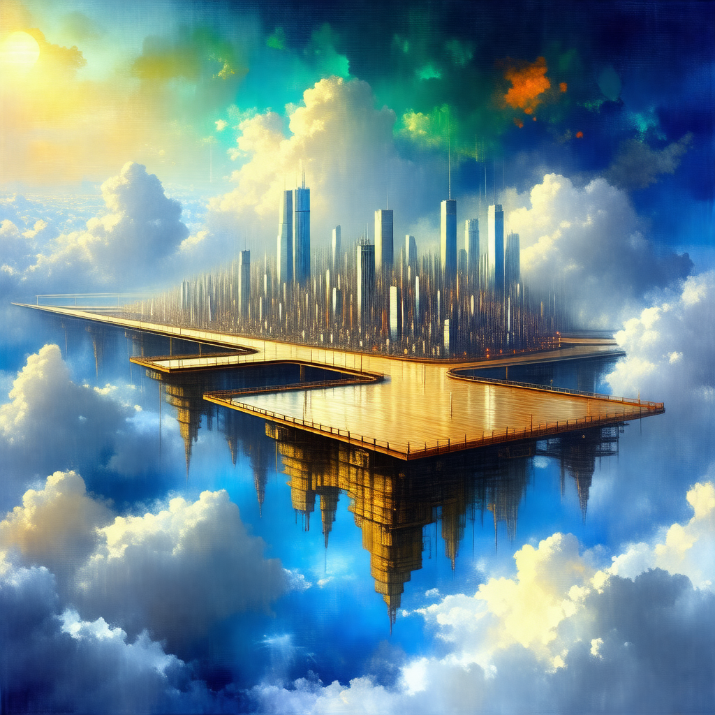 Painting of a cityscape with a large skyscraper in the ce...