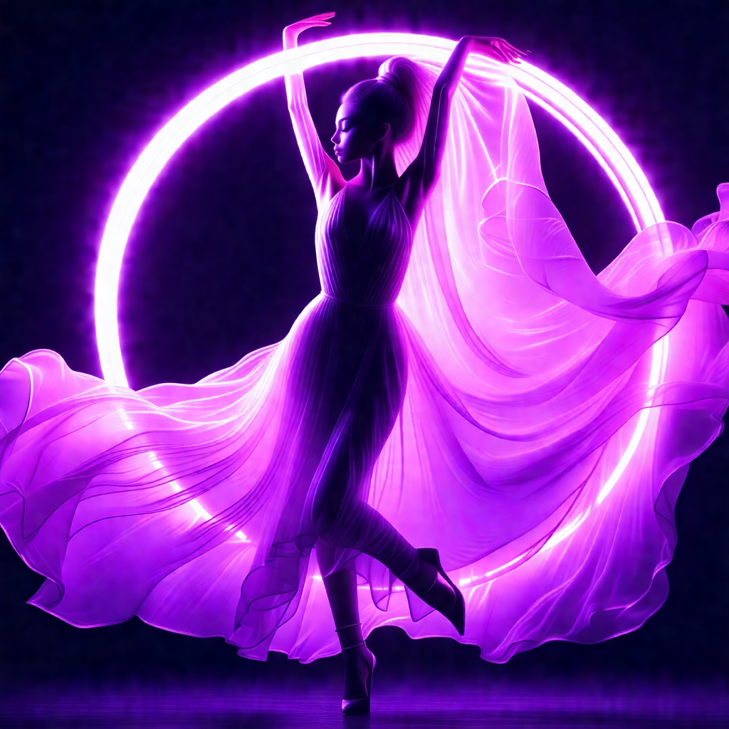 Woman in a purple dress, standing in a purple circle