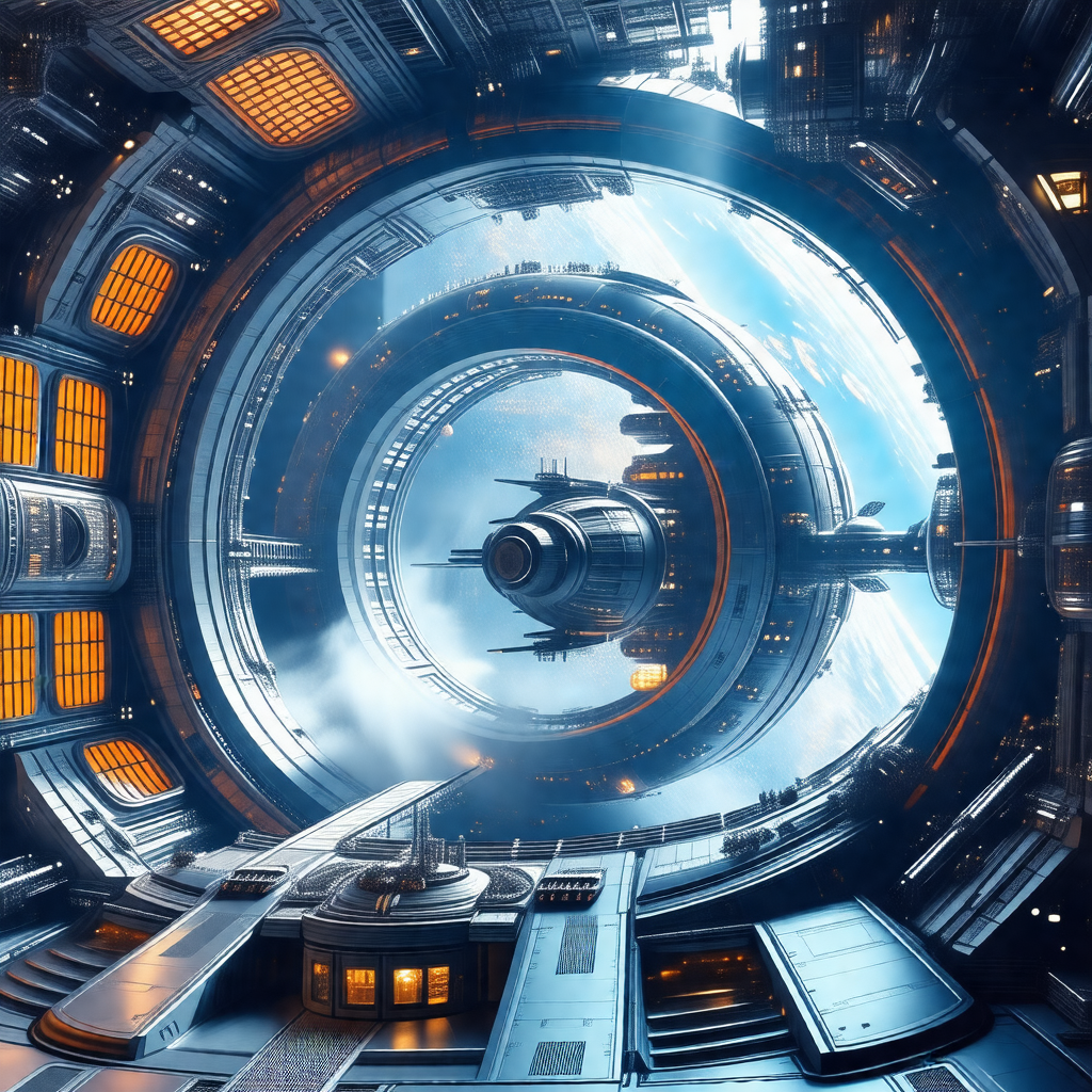 Futuristic space station with a large circular window