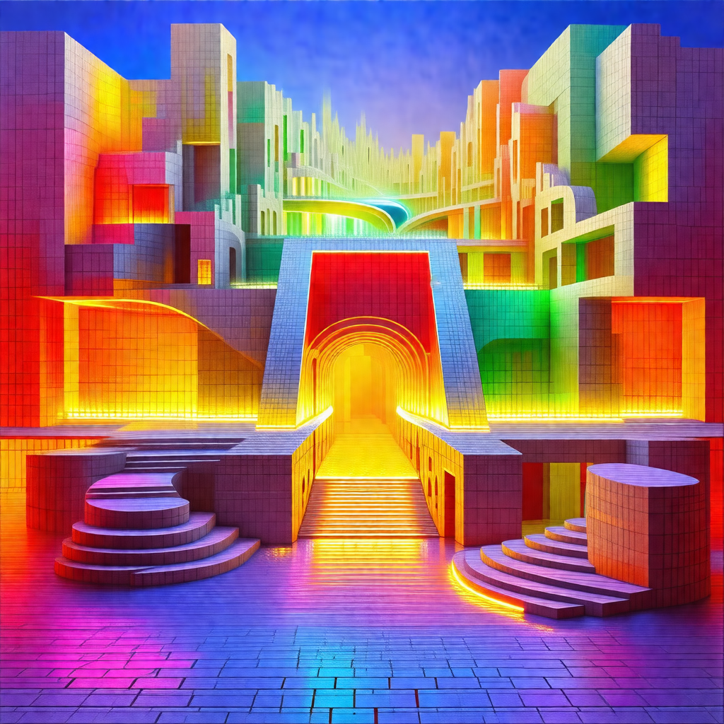 Colorful, three-dimensional illustration of a cityscape