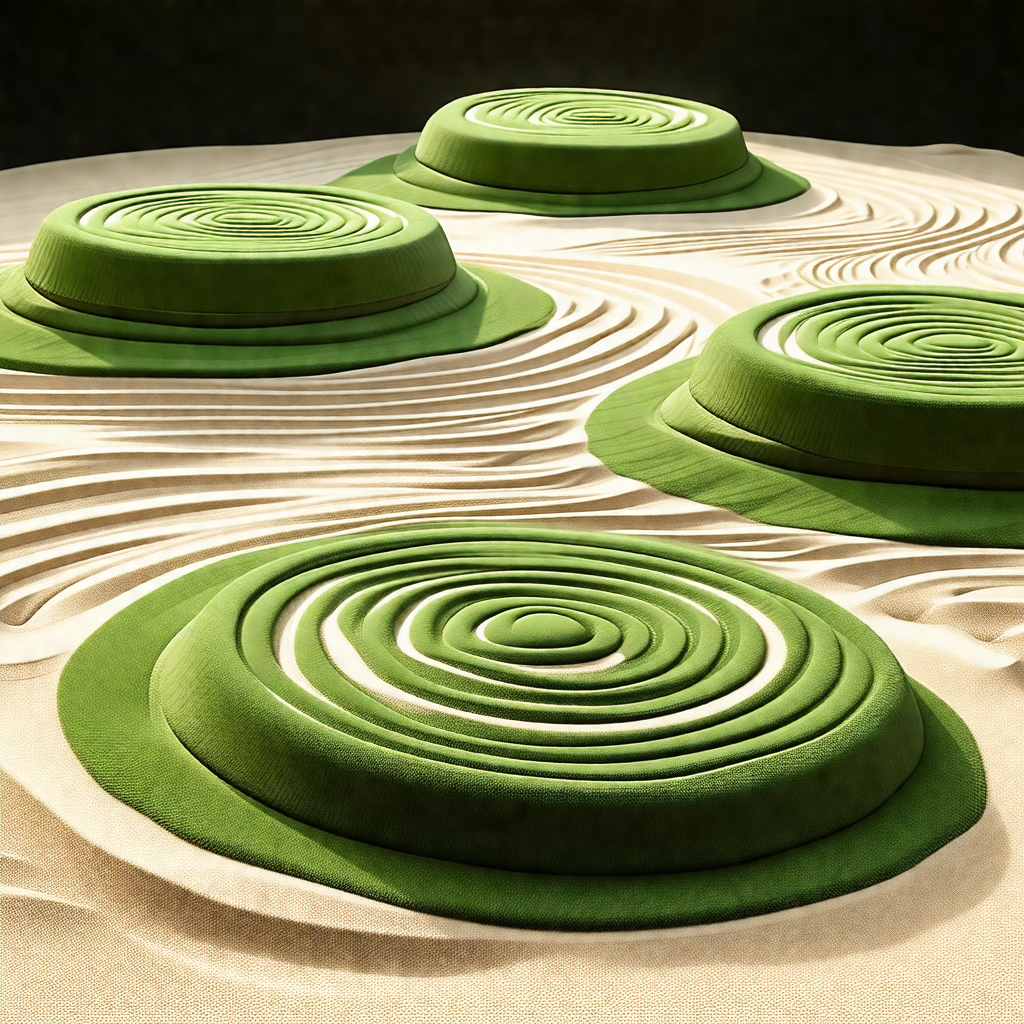 Large, green, circular cushion placed on a sandy surface
