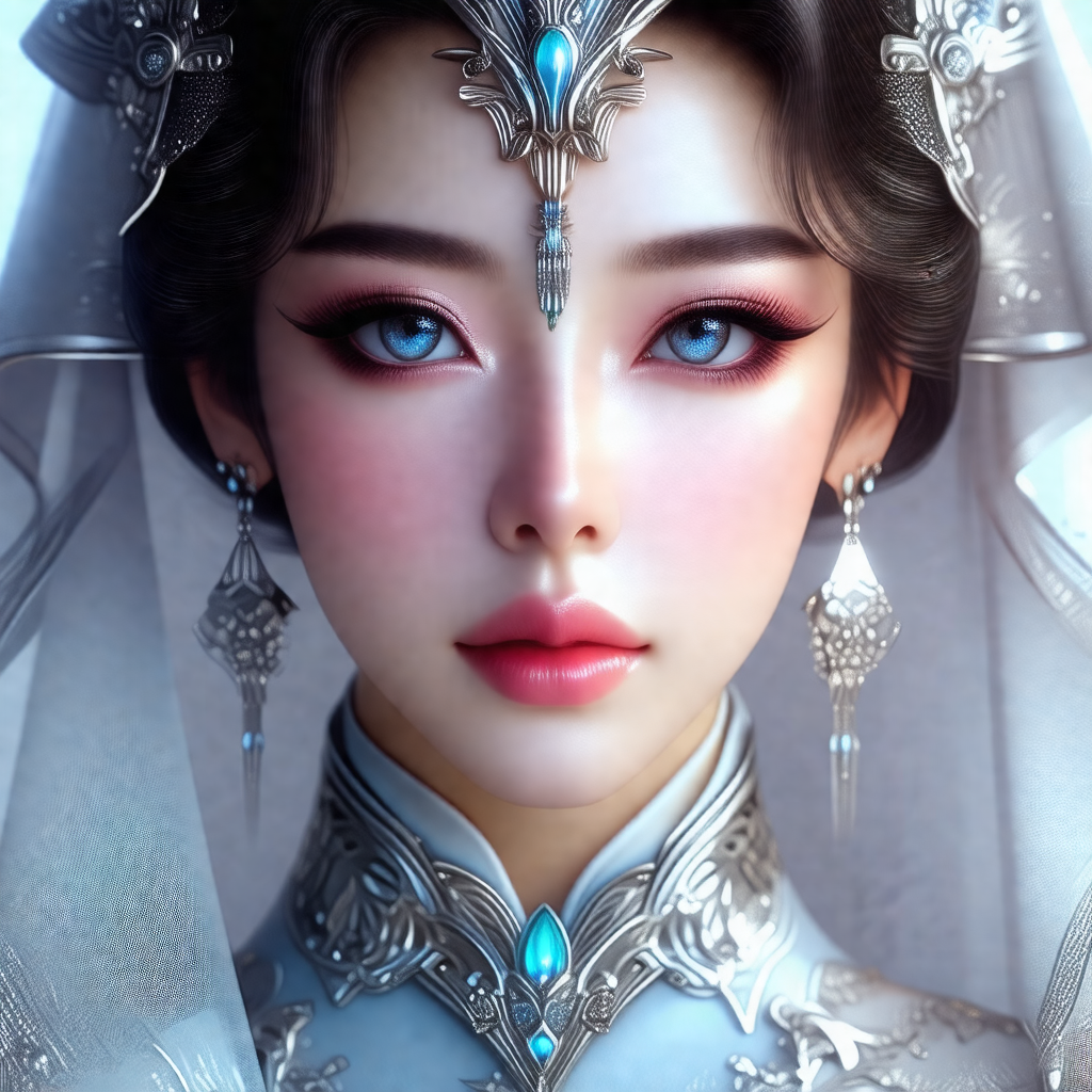 Woman with long black hair, wearing a white veil and a bl...