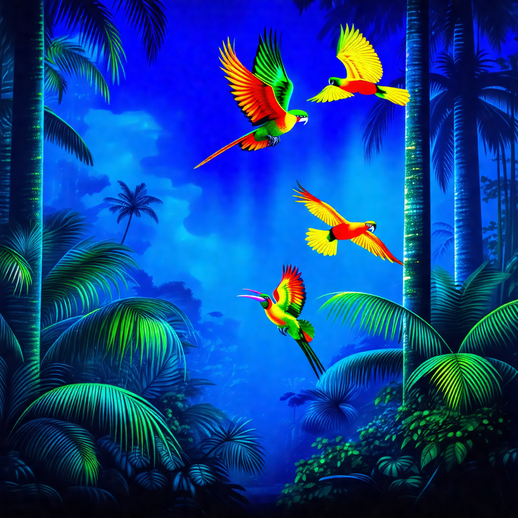 Group of colorful birds flying through the air