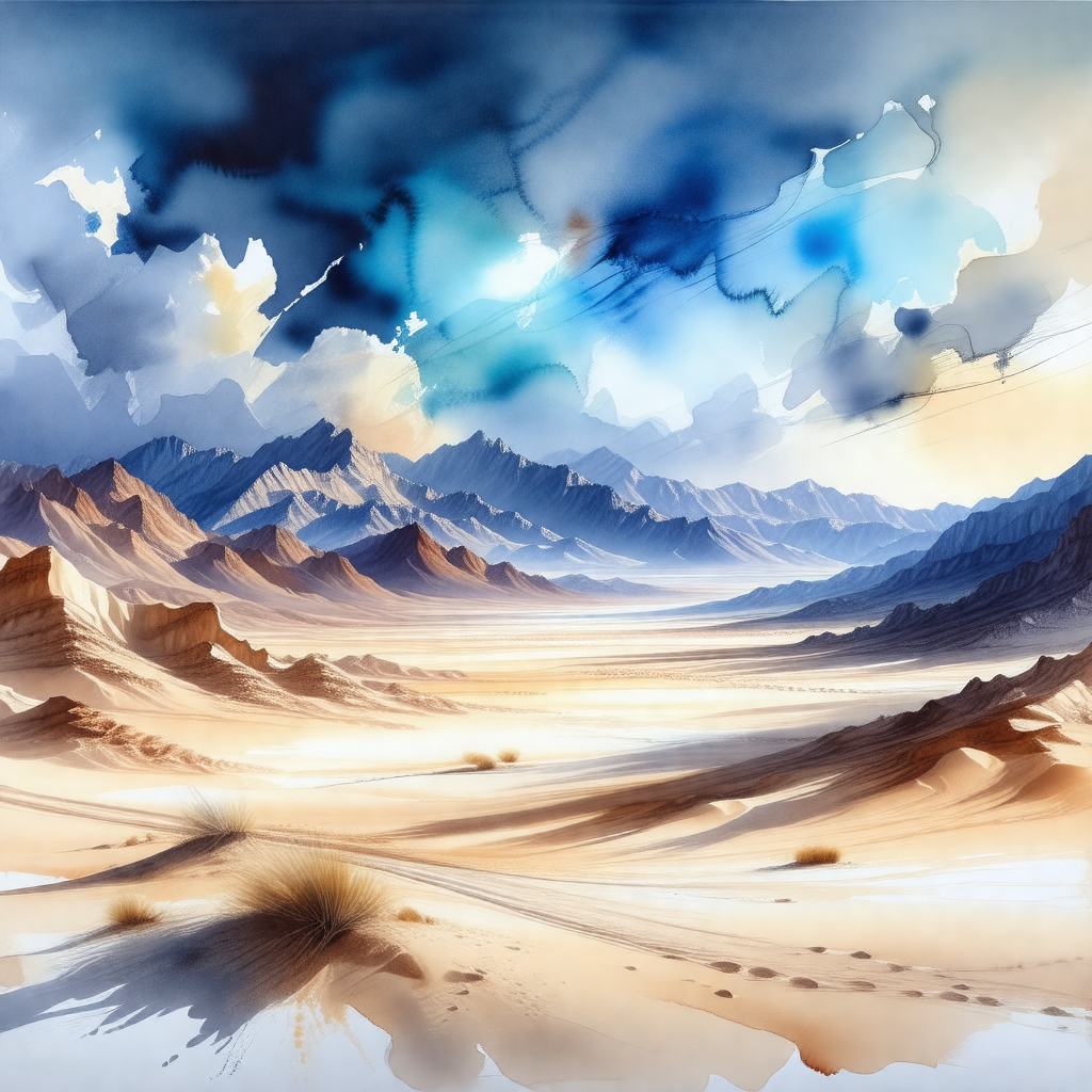 Painting of a desert landscape with mountains in the back...