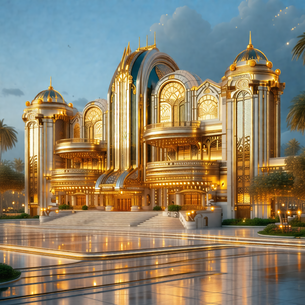 Beautifully drawn illustration of a large, ornate buildin...