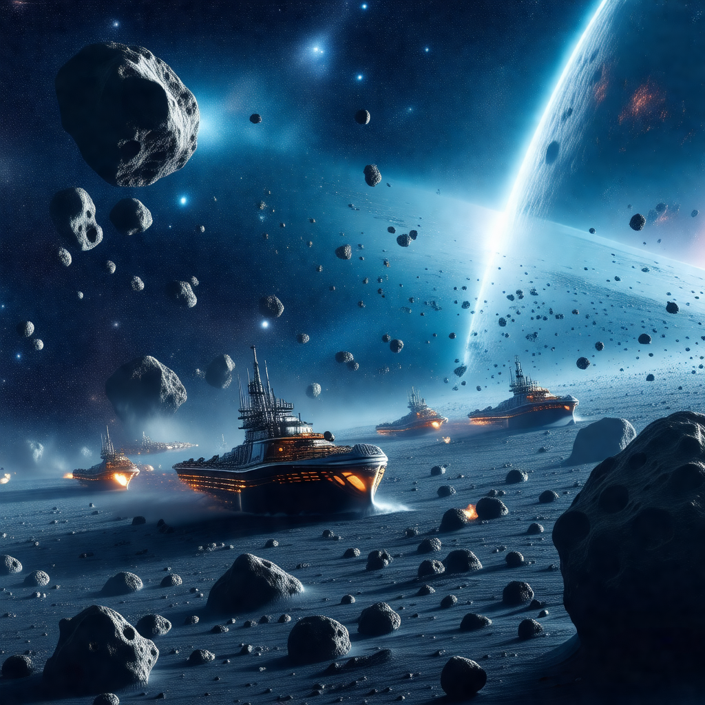 Futuristic scene with a group of spaceships flying throug...