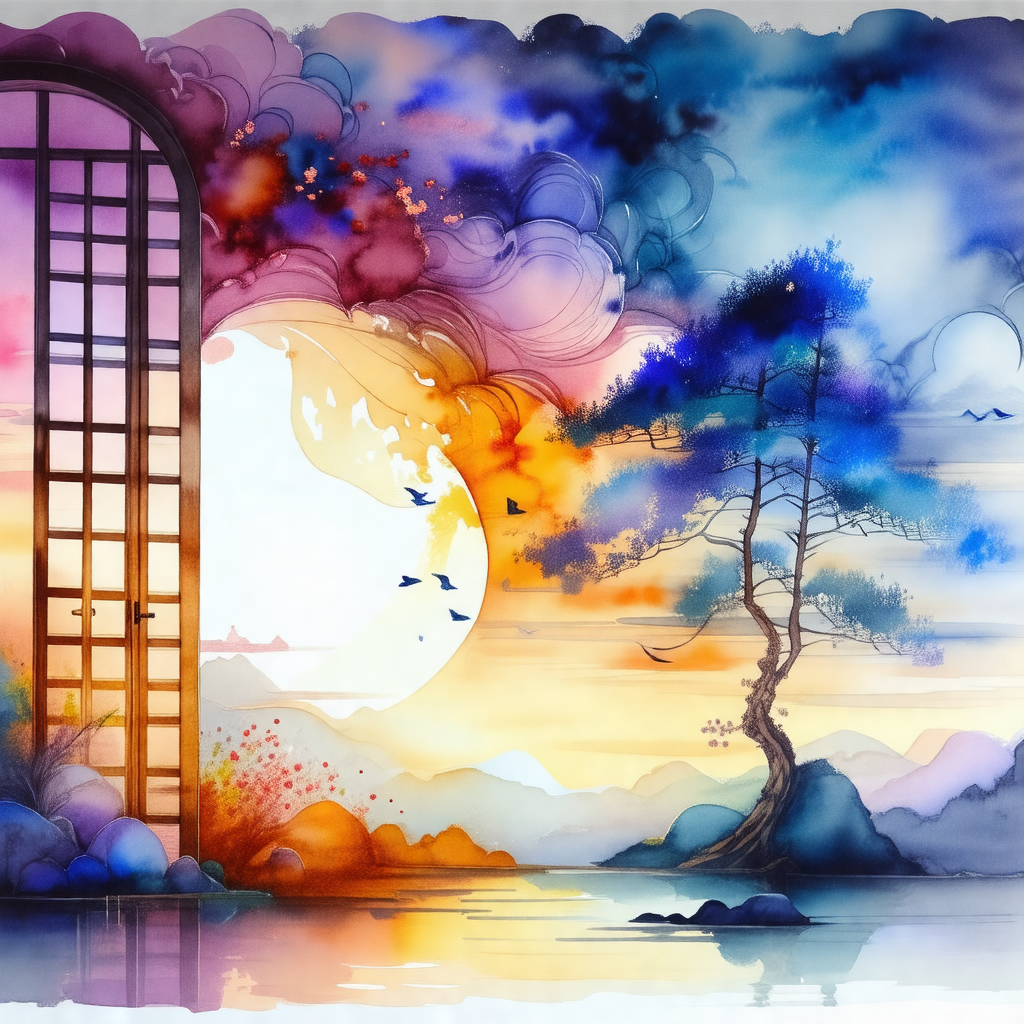 Painting of a beautiful scene with a tree, a bird, and a ...