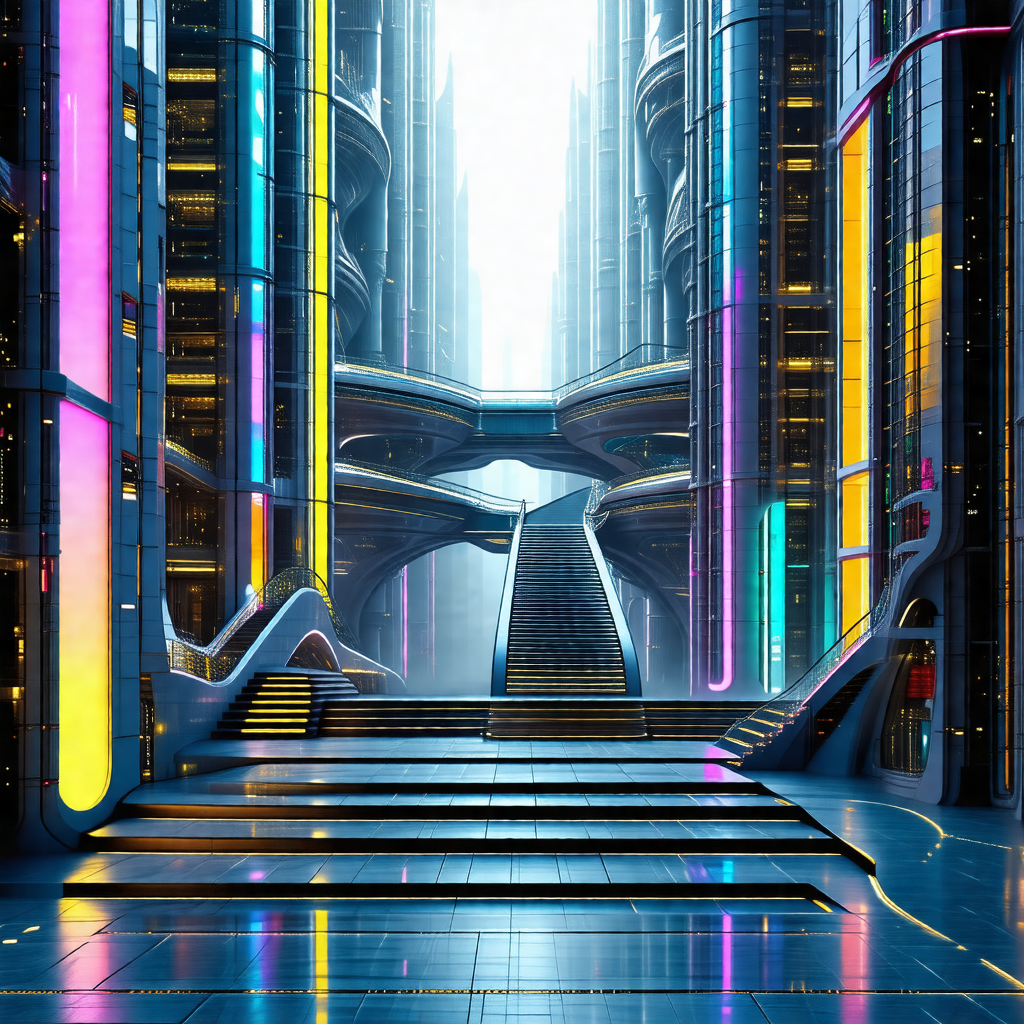 Futuristic cityscape with a large, colorful building in t...