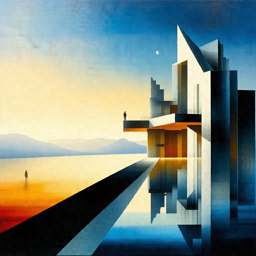 Painting of a large building with a reflecting pool in fr...