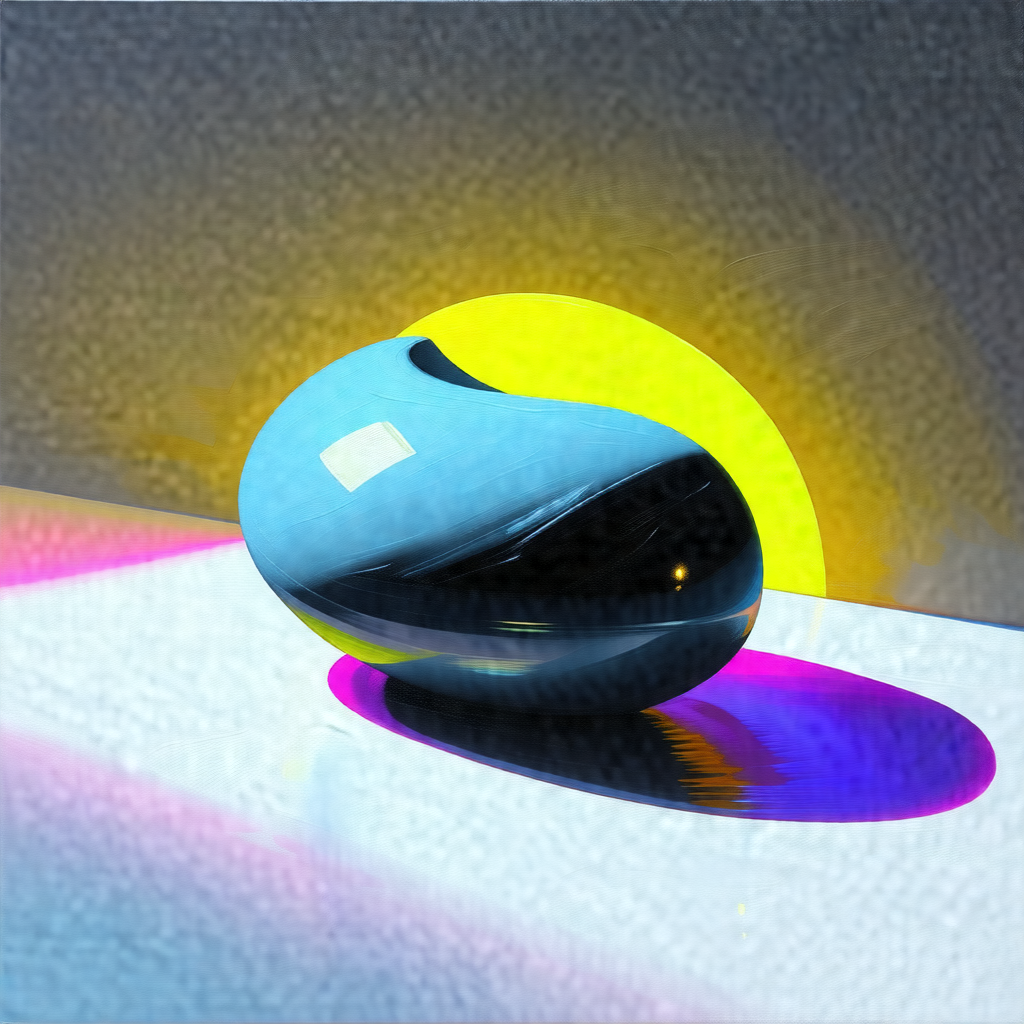 Blue and yellow sphere sitting on a white surface