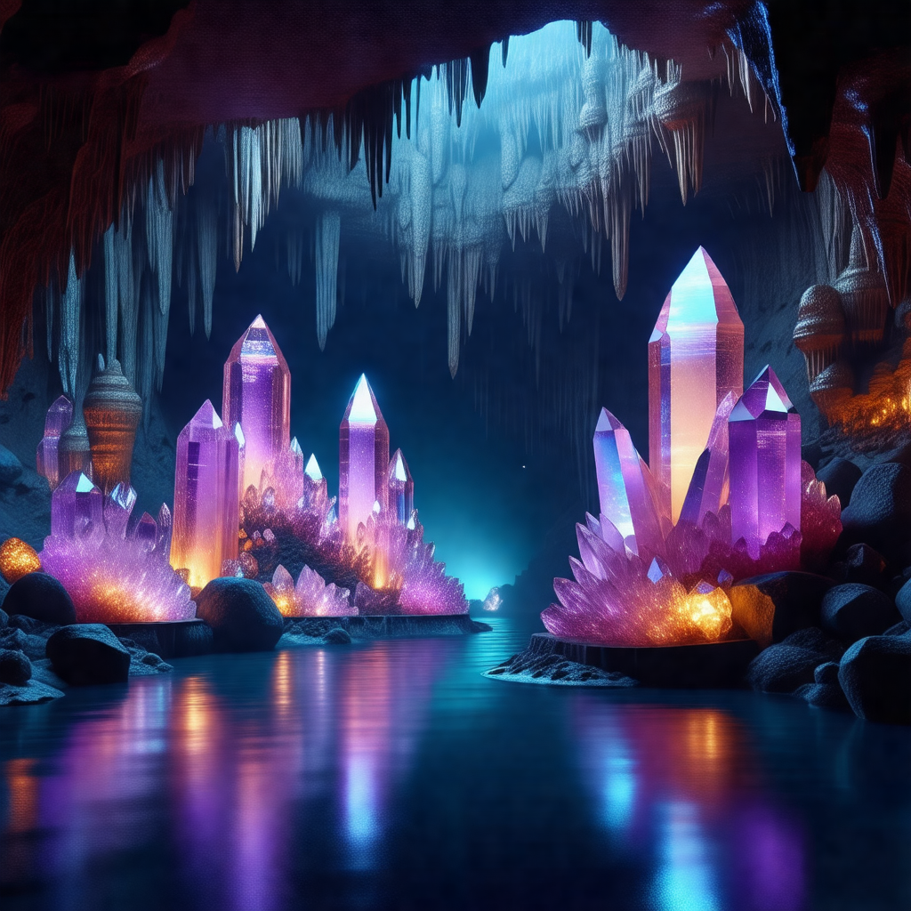Black and white drawing of a cave with purple crystals