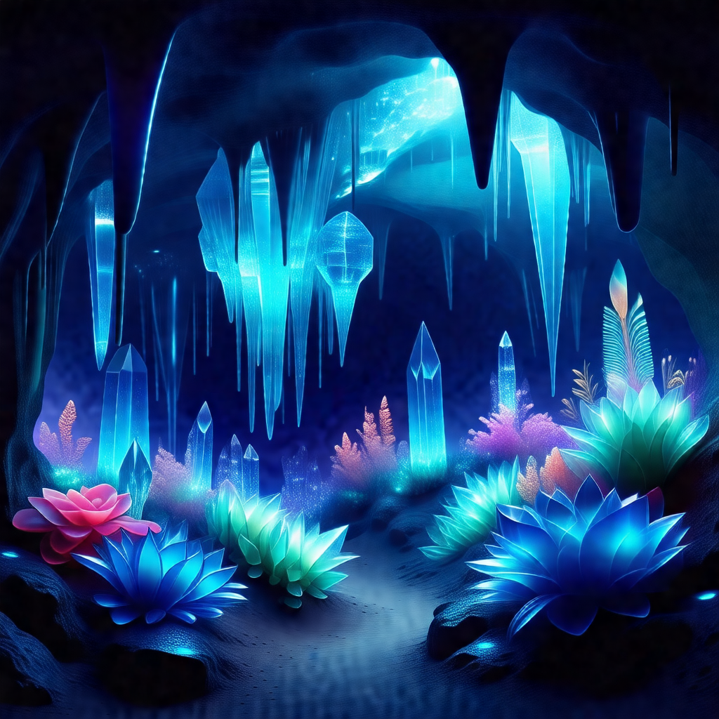 Colorful, computer-generated scene of a cave with a blue ...