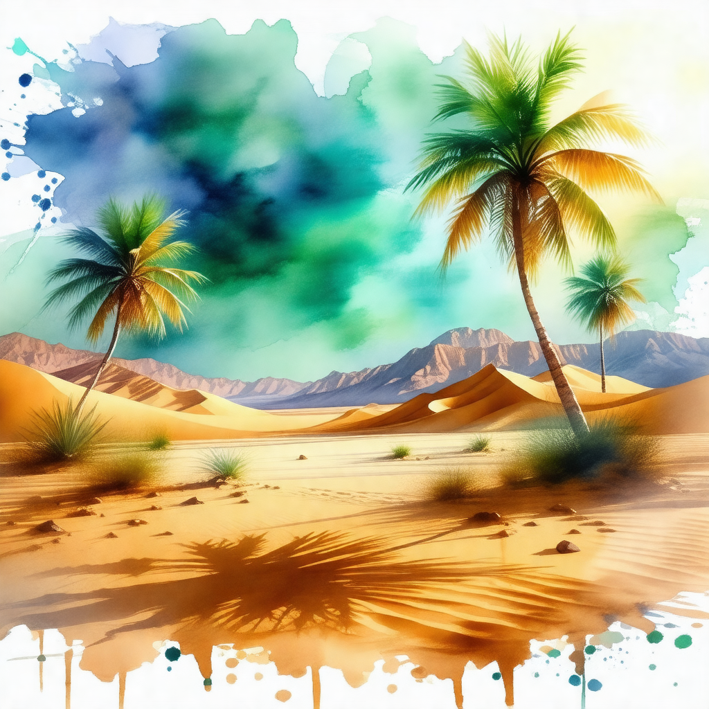 Painting of a desert landscape with a few palm trees scat...