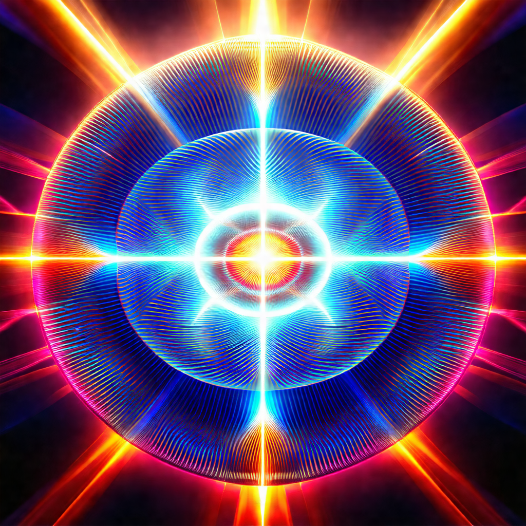 Brightly colored, circular object with a blue center