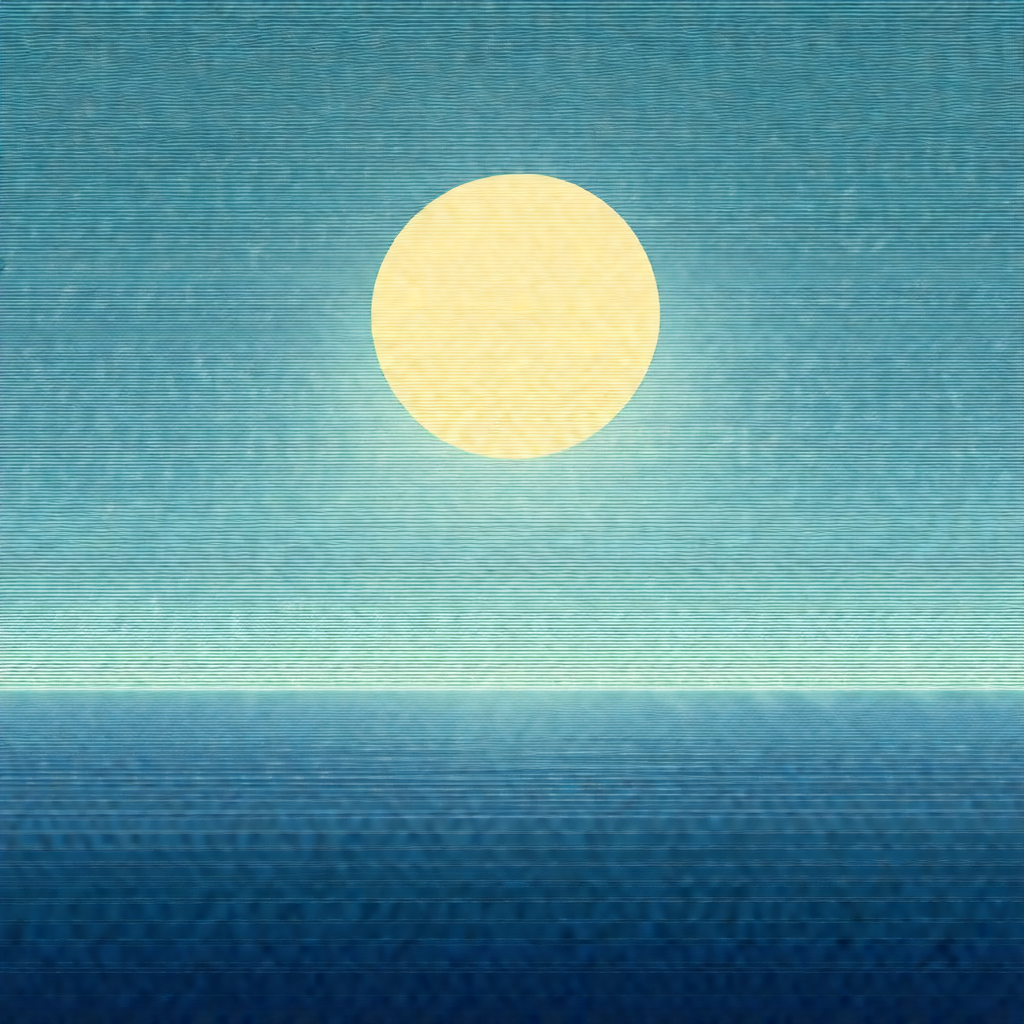 Large, round moon rising over a vast body of water, possi...