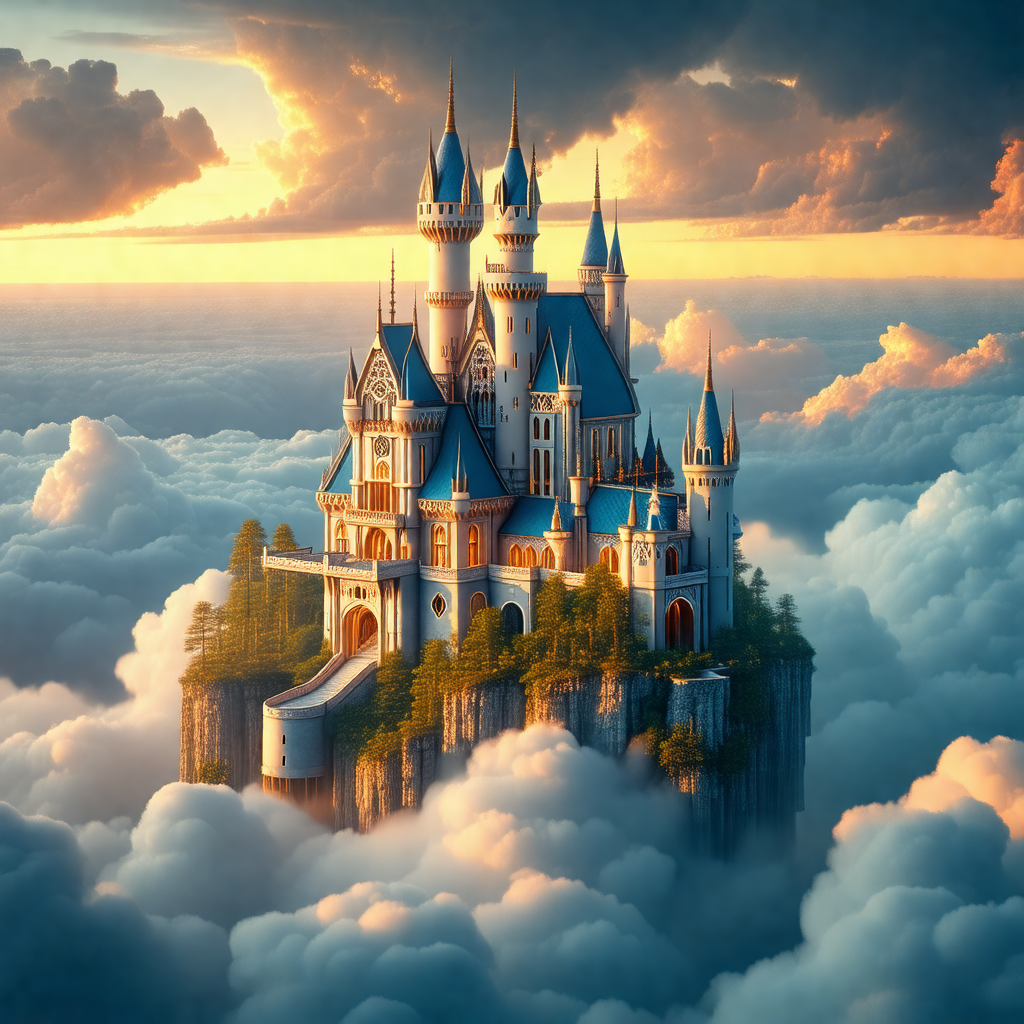 Majestic castle floating high in the sky, surrounded by c...