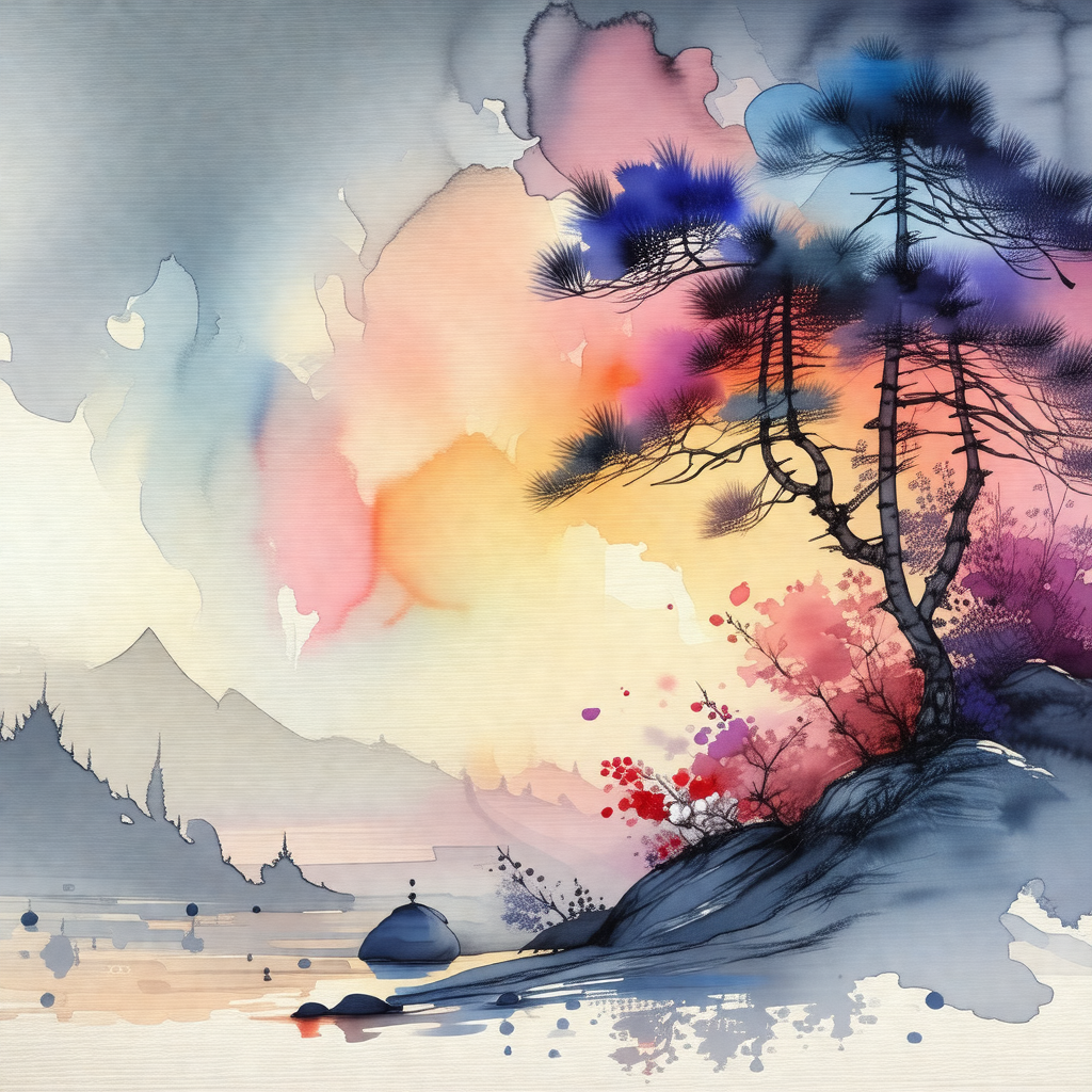 Watercolor painting of a tree with a rock in front of it