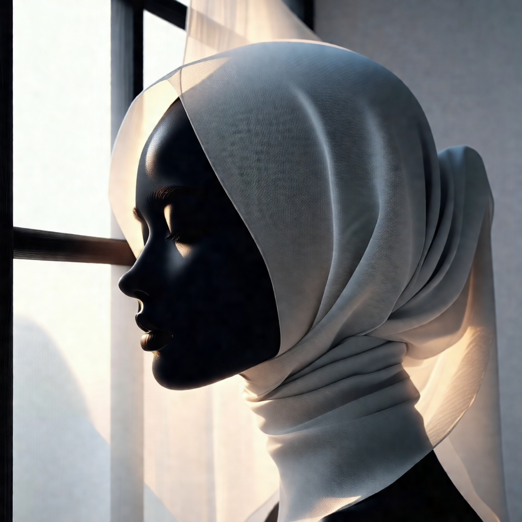 Mannequin with a white headscarf, standing in front of a ...
