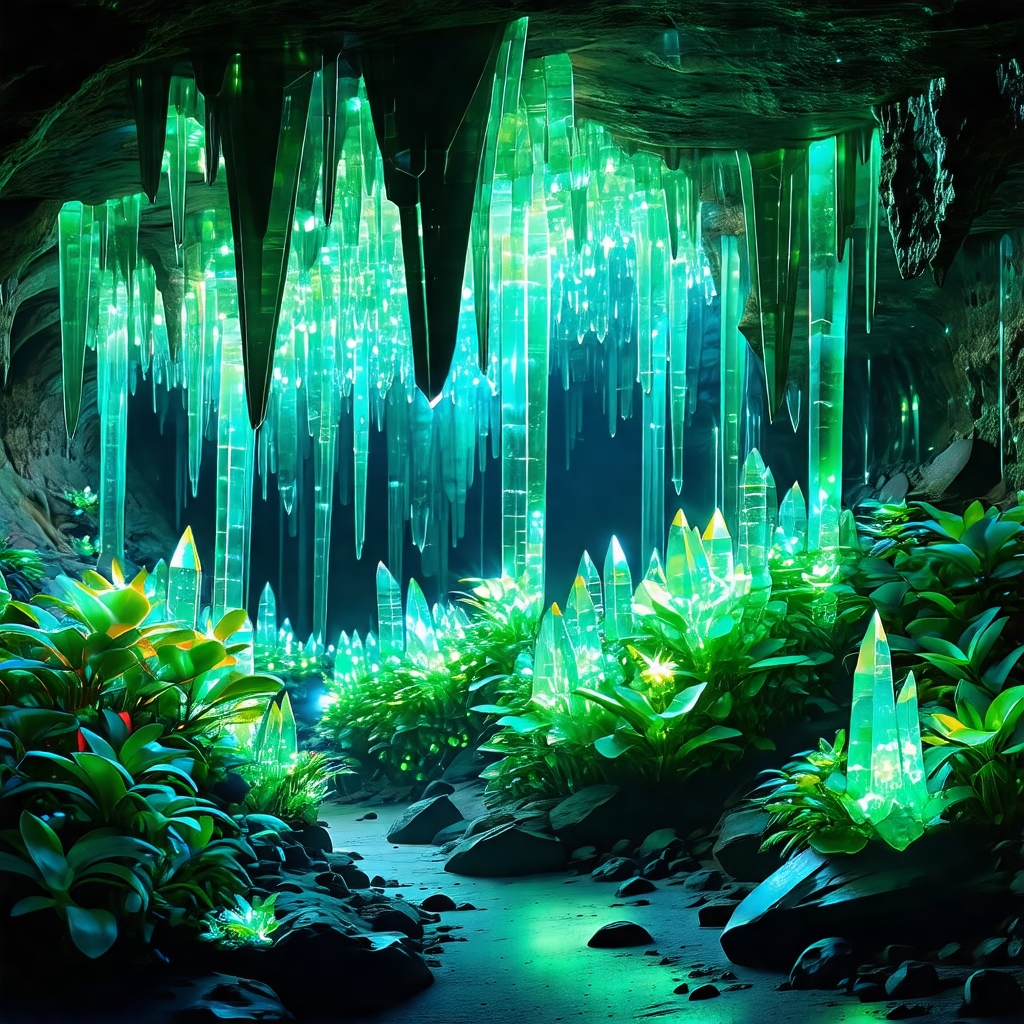 Lush, green cave filled with various plants and crystals
