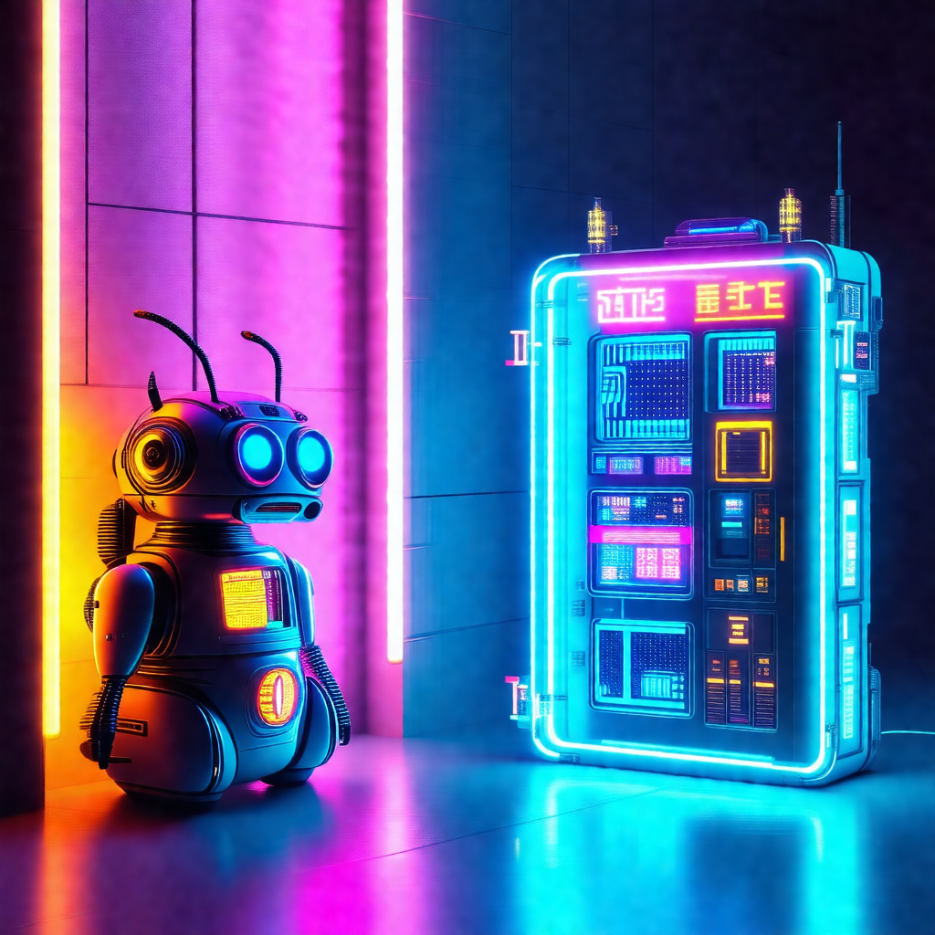Robot standing next to a neon-lit machine, possibly a fut...