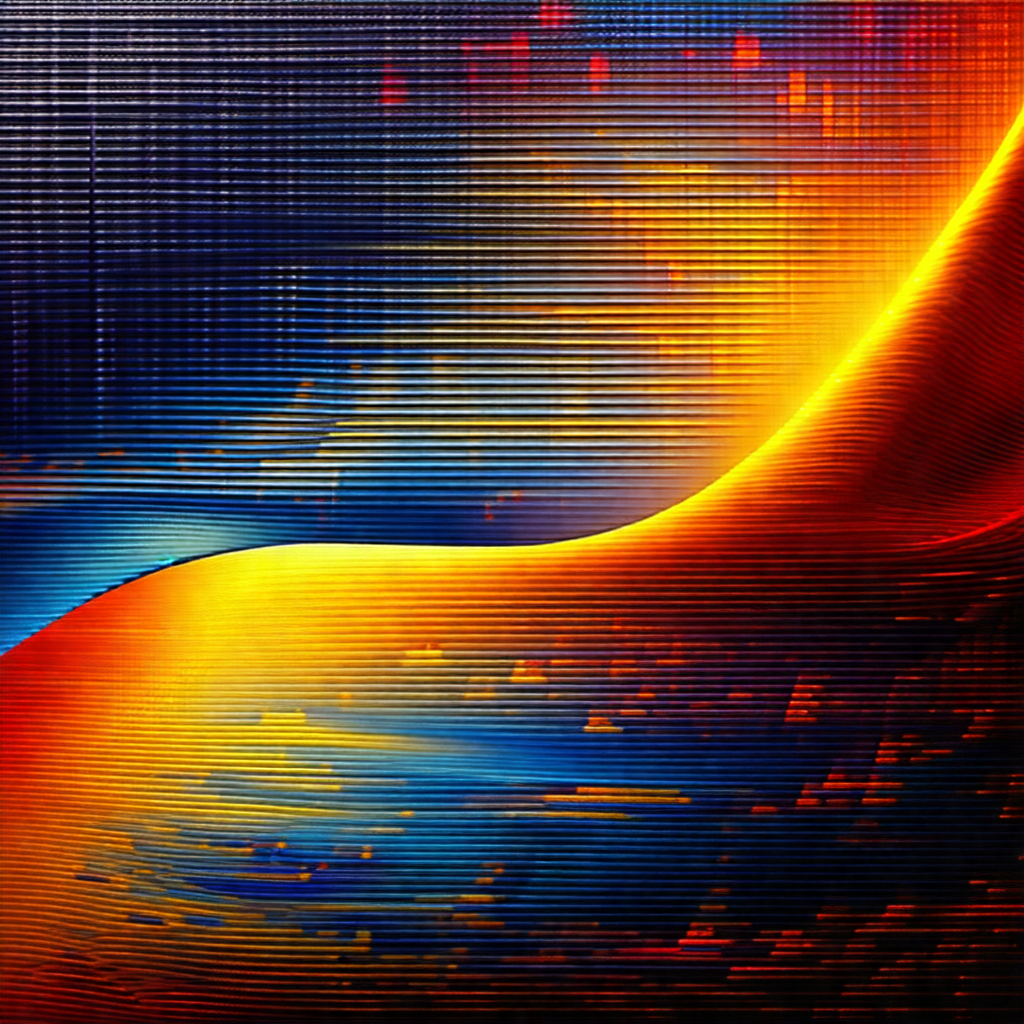 Colorful abstract painting featuring a large, curved, and...