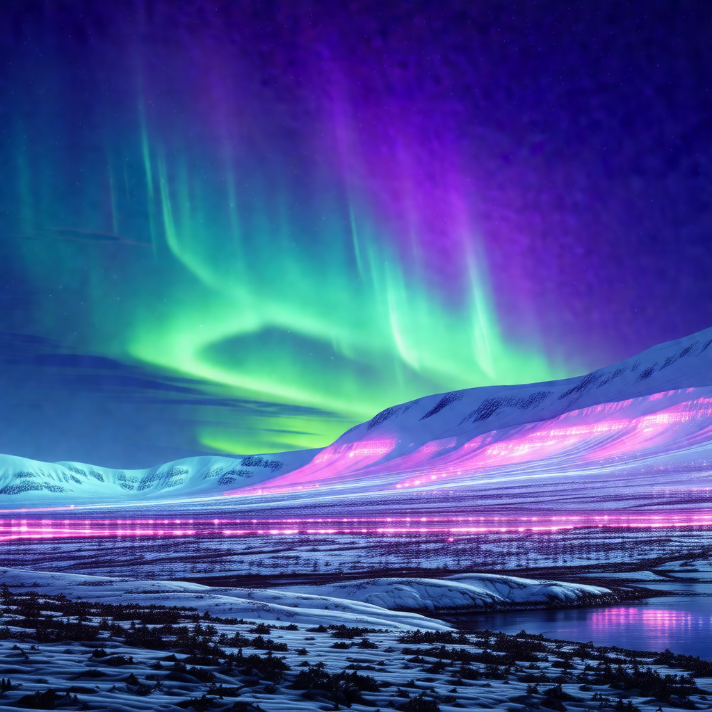 Captures a beautiful night scene with a mountain range in...