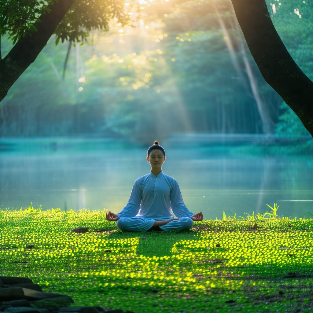 Woman sitting on the grass in a serene environment