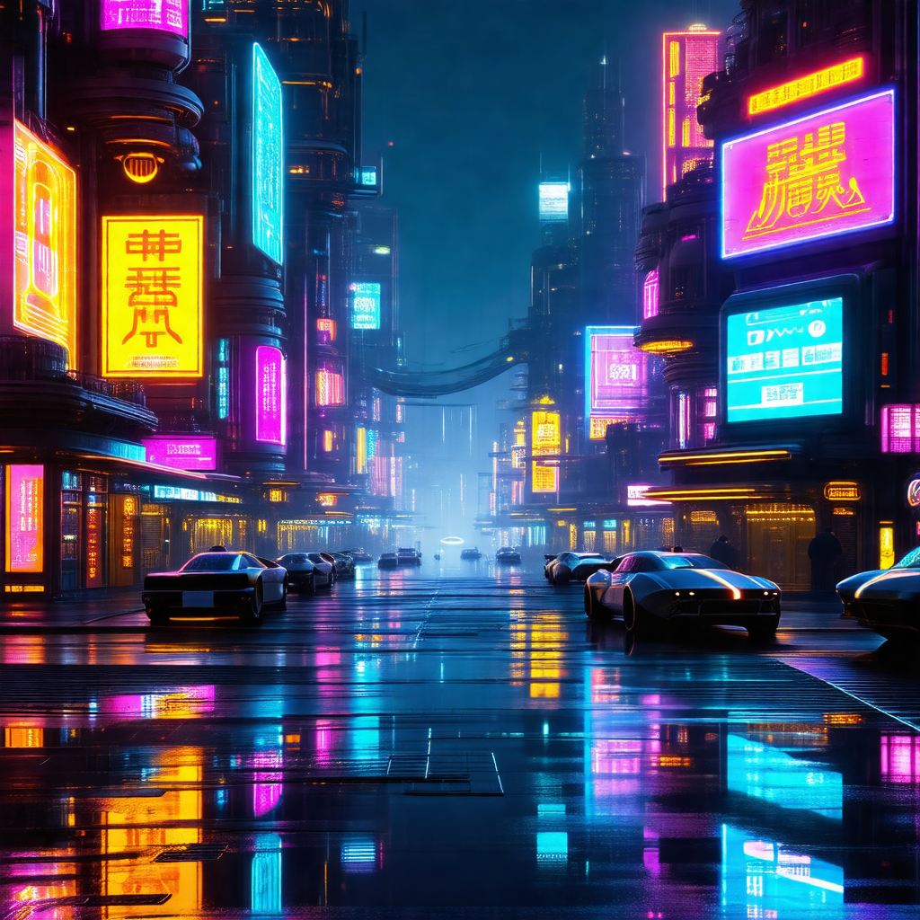 Futuristic city street at night, with a variety of vehicl...