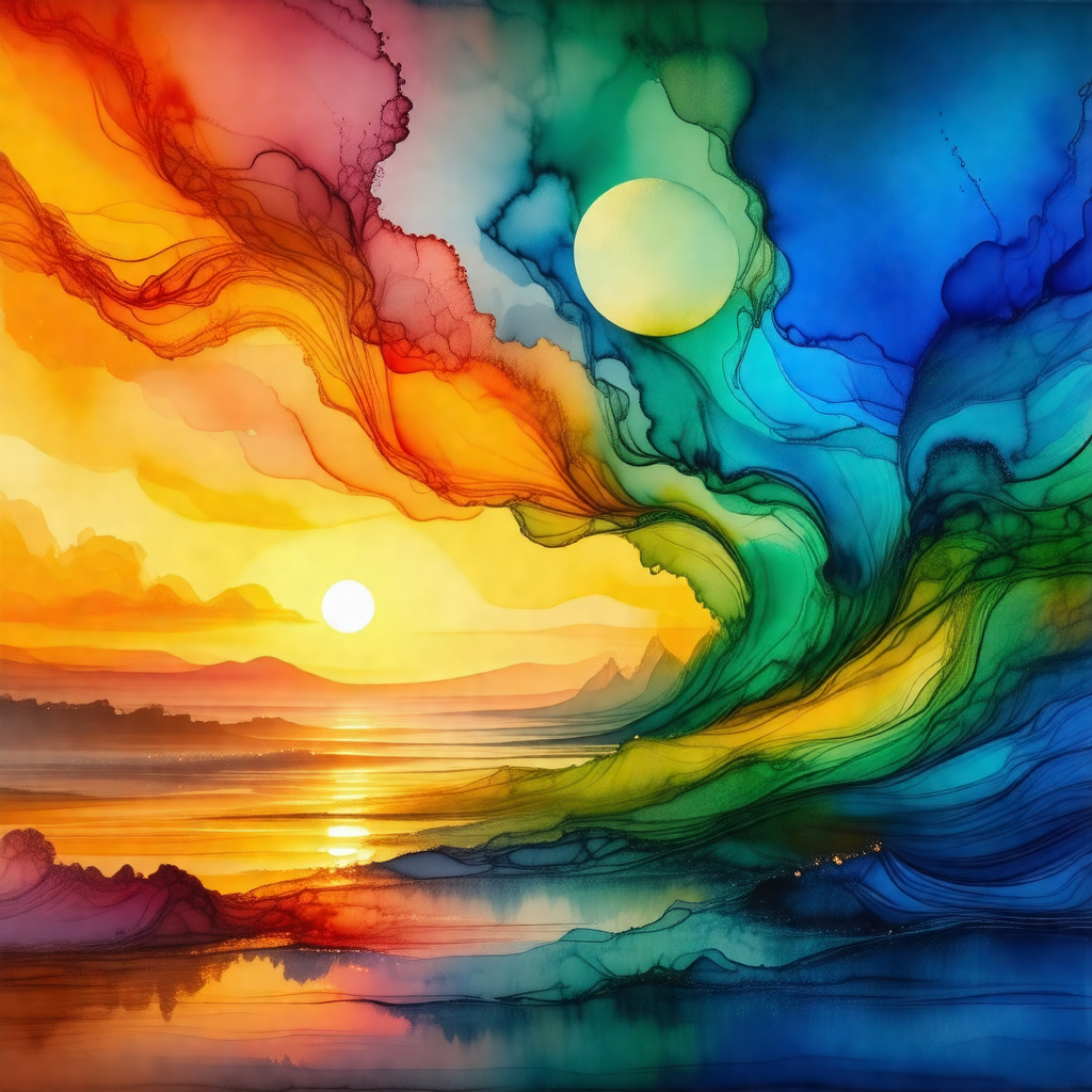 Colorful painting of a sunset over a body of water