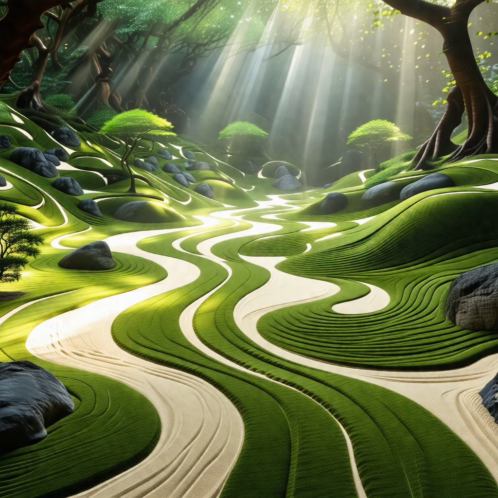 Digital painting of a lush green forest with a pathway le...