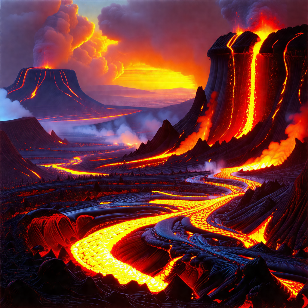 Vividly colored landscape with a river of lava flowing th...