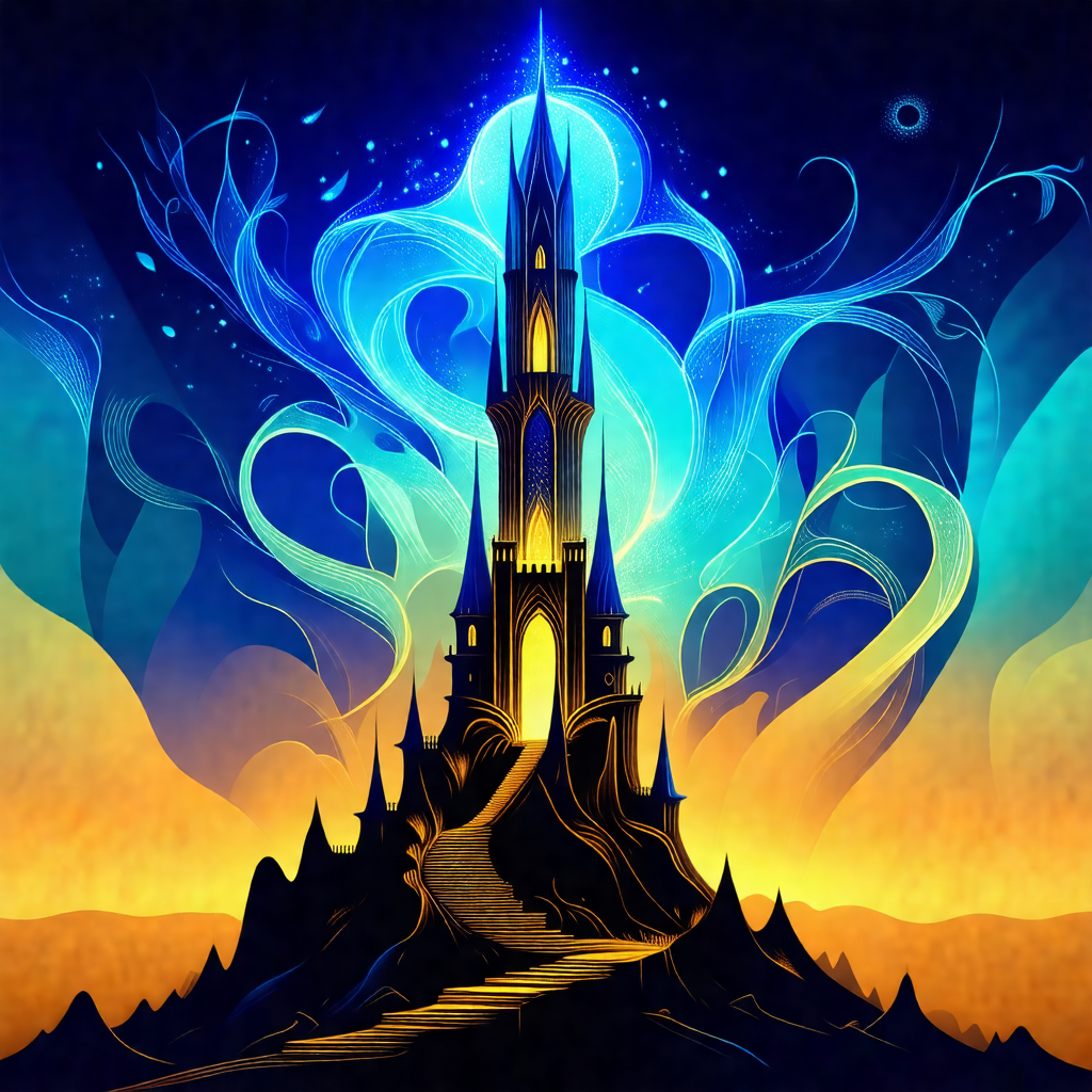 Large, tall castle with a blue and yellow color scheme