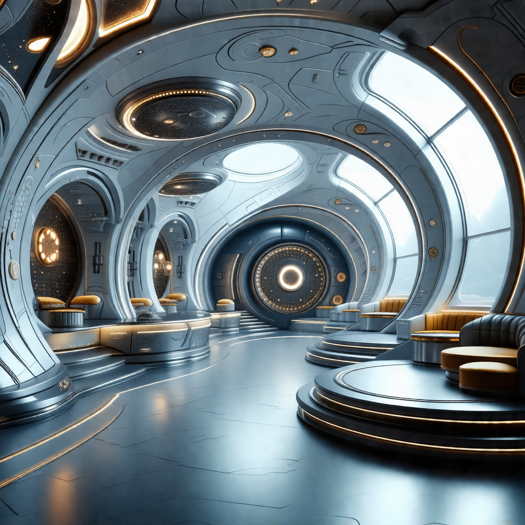 Futuristic room with a large circular window