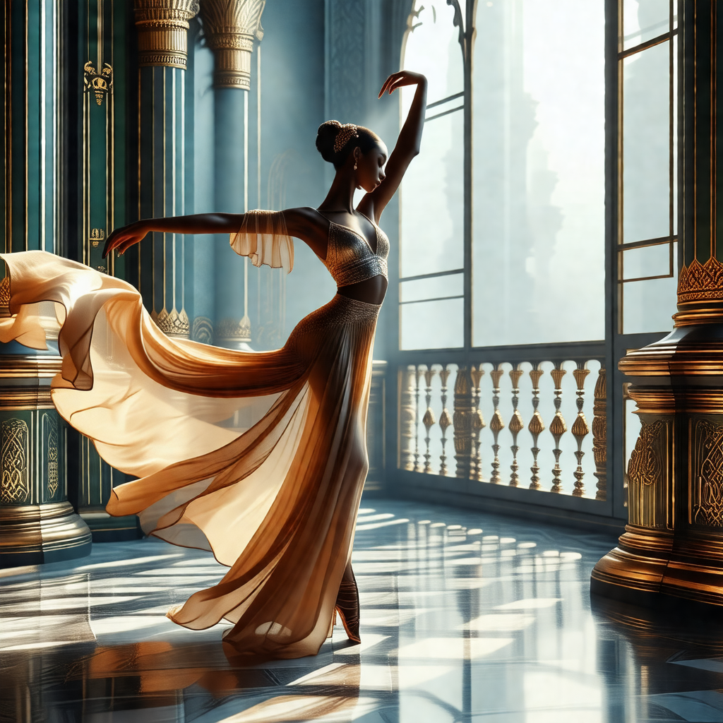 Woman in a long dress, gracefully dancing in a room