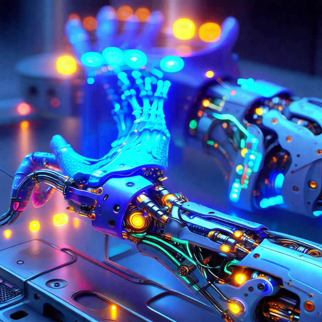 Futuristic scene with two robotic hands prominently displ...