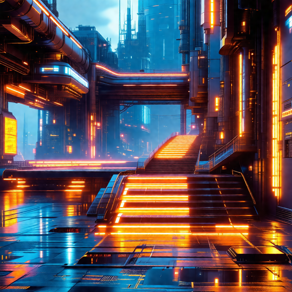 Futuristic cityscape with a large, illuminated building i...