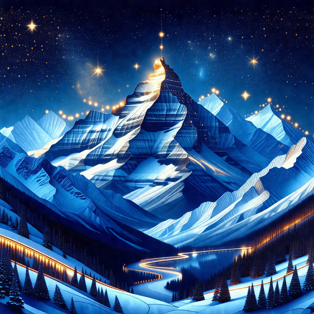 Majestic mountain with a snow-covered peak, towering over...