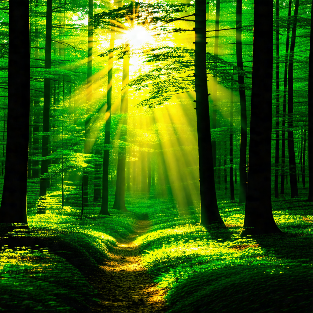 Serene forest scene with a pathway leading through the trees