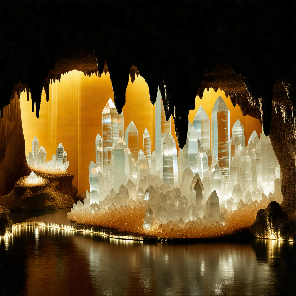 Large, illuminated cave with a variety of crystal formations