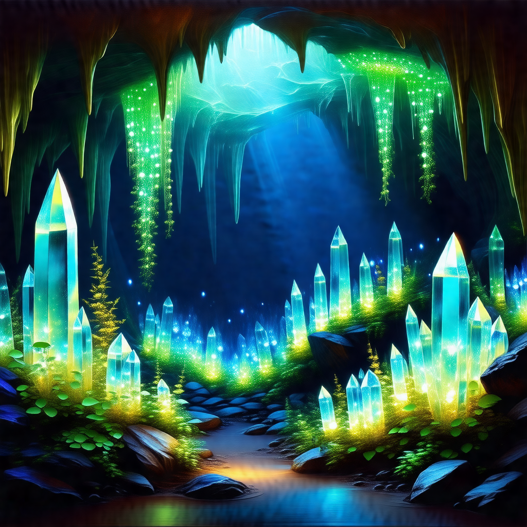 Colorful, computer-generated illustration of a cave with ...