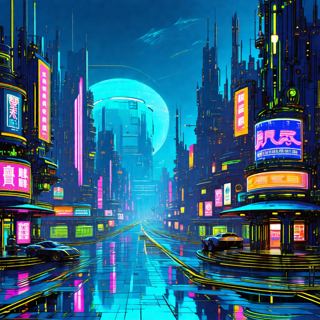 Futuristic cityscape with a large, brightly lit building ...