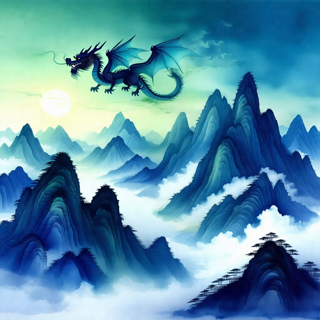 Dragon flying through a cloudy sky, with a mountain range...
