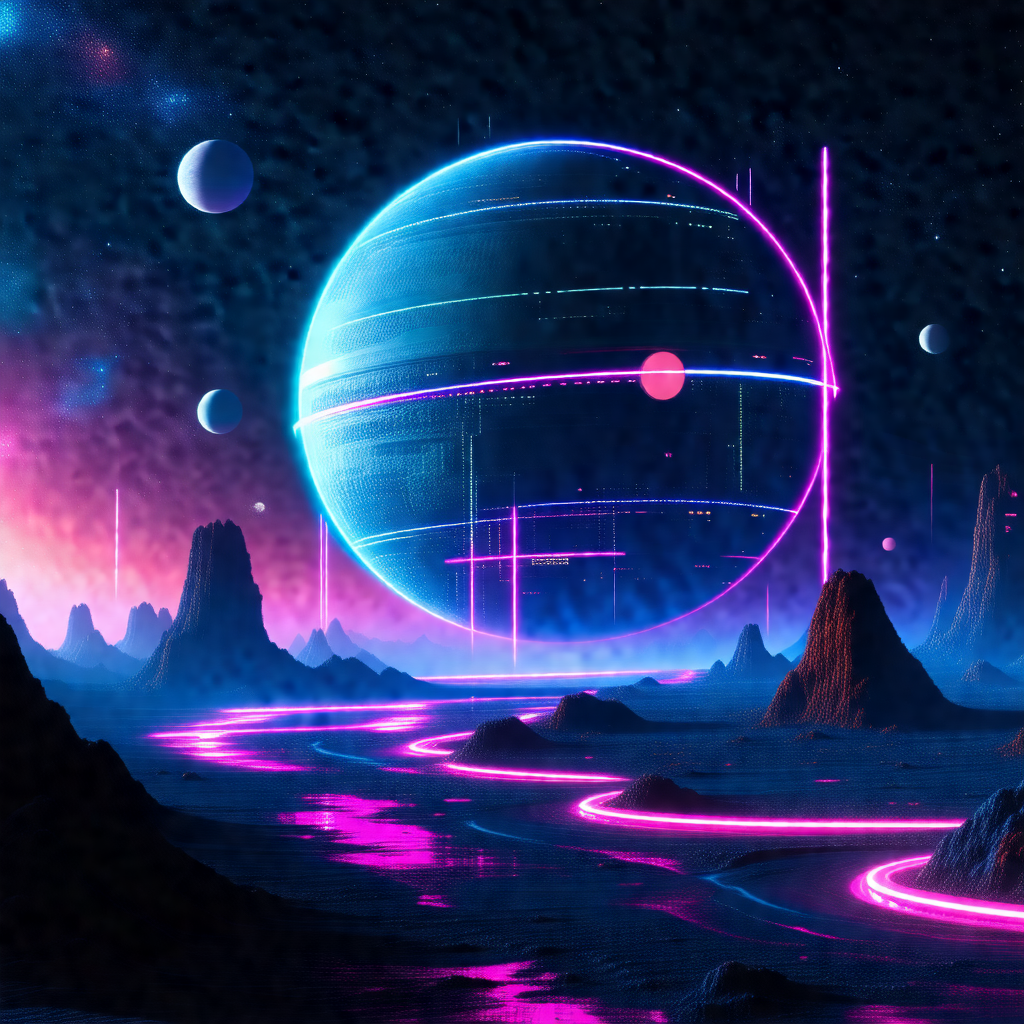 Futuristic cityscape with a large, purple, glowing space ...